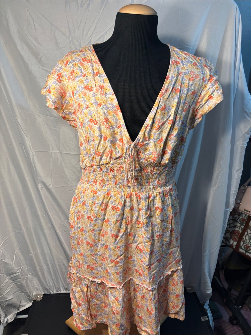 Arizona Jean Company Floral Short Sleeve V-Neck Dress — Cream, Orange, Blue